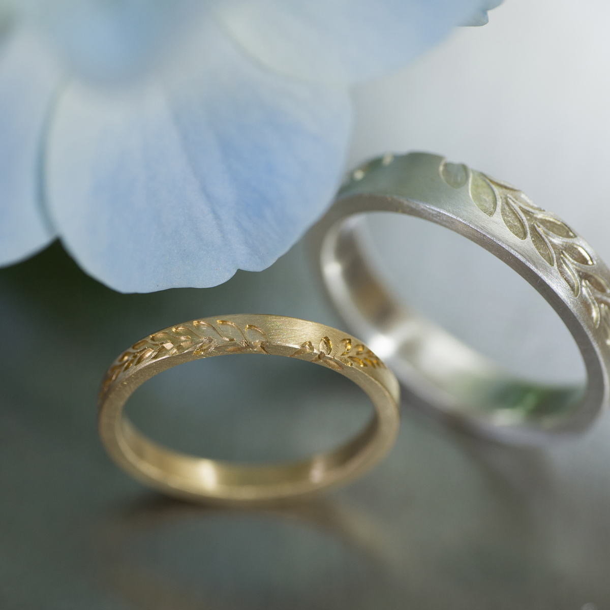 オーダーメイドマリッジリング　屋久島のシダモチーフ　ゴールド、シルバー　屋久島の紫陽花とともに　ジュエリーのアトリエ　　屋久島でつくる結婚指輪