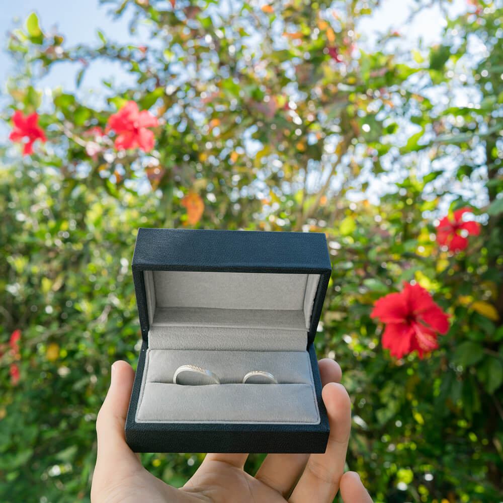 オーダーメイドマリッジリングのサンプル　シルバー　屋久島のハイビスカスバック　屋久島でつくる結婚指輪