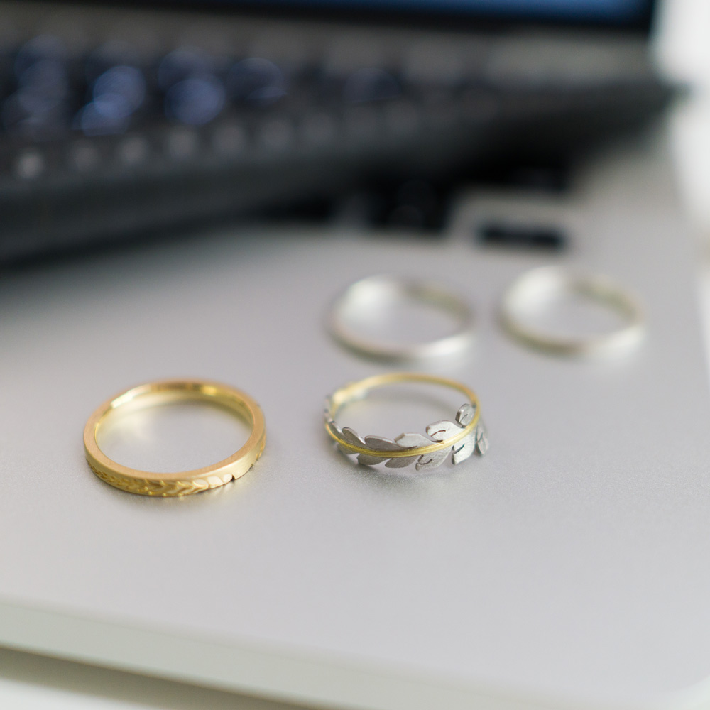 結婚指輪のサンプルリング　屋久島のシダモチーフ　ゴールド、プラチナ、シルバー　屋久島でつくる結婚指輪